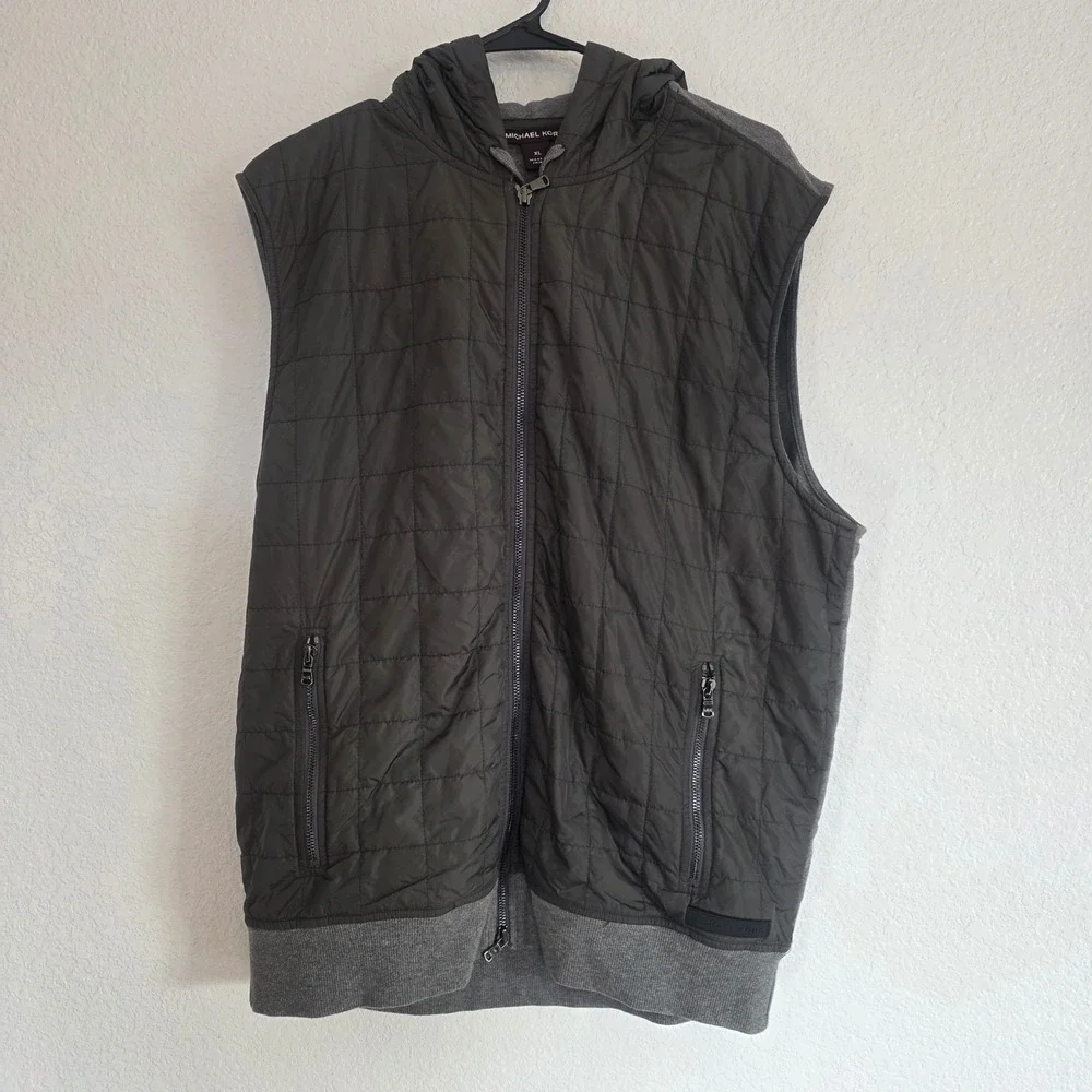 Michael Kors Mens‎ Quilted Vest Full Zip Hooded Olive Green Size XL